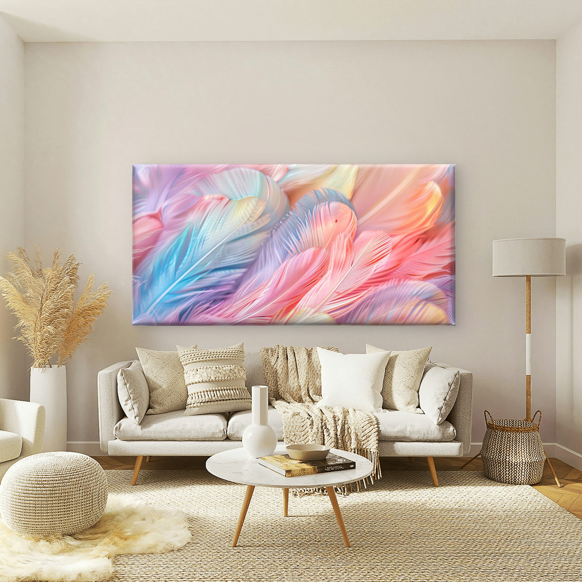 Abstract Pastel Feather Wall Art Canvas Office Home Room Framed 120x60cm