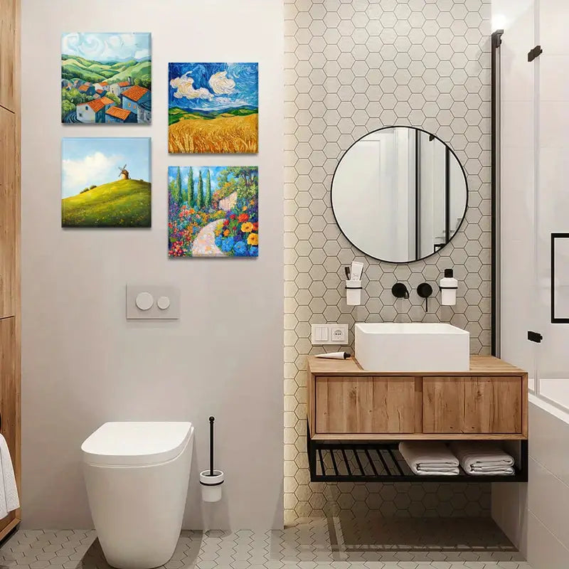 4pcs Floral & Countryside Scenery Wall Art Canvas Framed