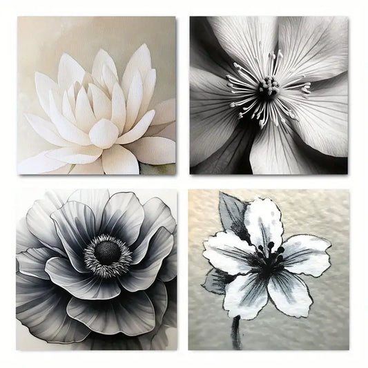 4pcs Nordic Black And White Dahli Wall Art Canvas Framed