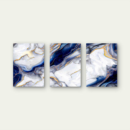 3pcs Abstract Marble Navy Blue, White, And Gray Metal Print Ready to Hang Art