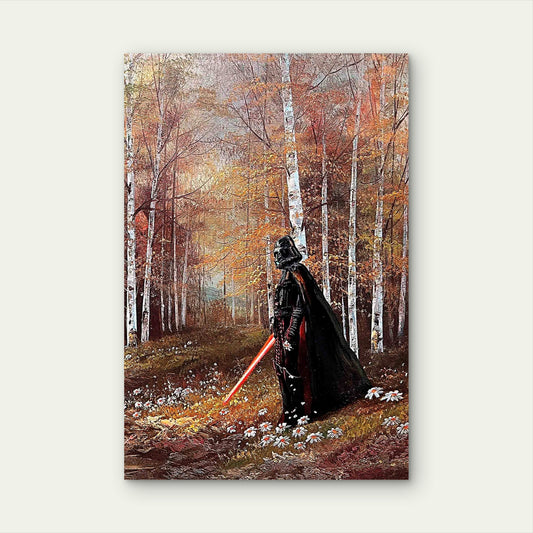 Sci-Fi Knight Autumn Birch Forest Painting 40x60cm Metal Print Ready to Hang