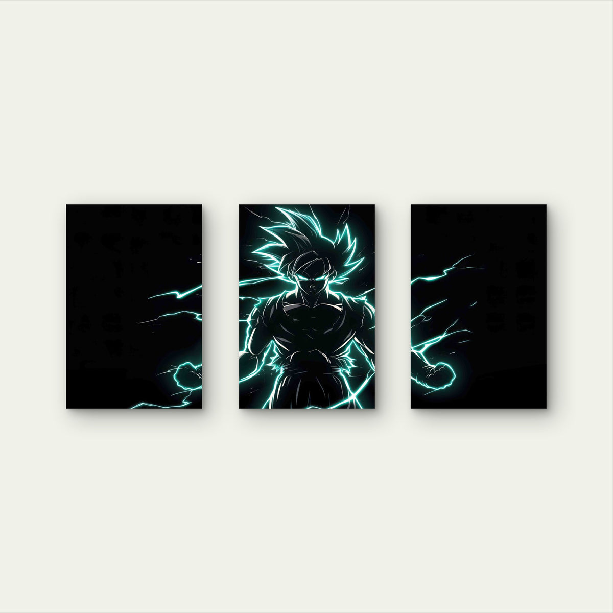 3pcs Anime Fighter Neon Cyan Lightning Silhouette Metal Print Ready to Hang Art