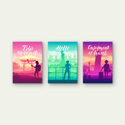 3pcs Retro Silhouette Pastel Travel Landscape Wall Art Set Canvas Framed 40x60cm - High Quality Print 100% Australian Made Wall Canvas Ready to Hang