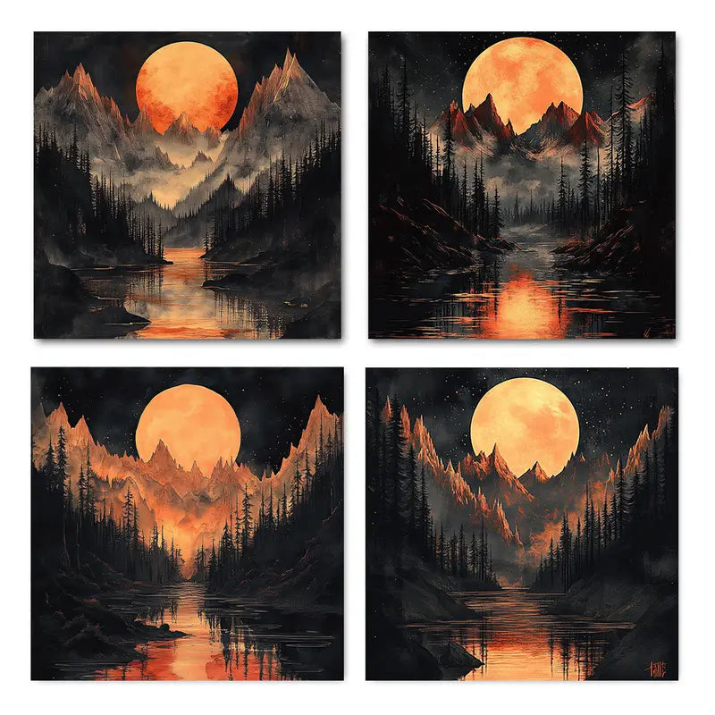 4pcs Golden Twilight Mountain Landscape Wall Art Canvas Framed