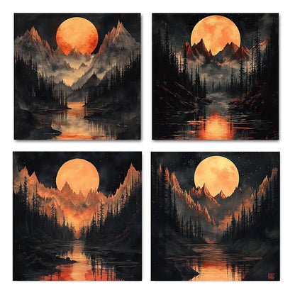 4pcs Golden Twilight Mountain Landscape Wall Art Canvas Framed
