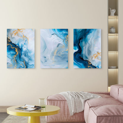 3pcs Blue Ocean Abstract Gold Marble Wave Wall Art Set Canvas Framed 40x60cm - High Quality Print 100% Australian Made Wall Canvas Ready to Hang