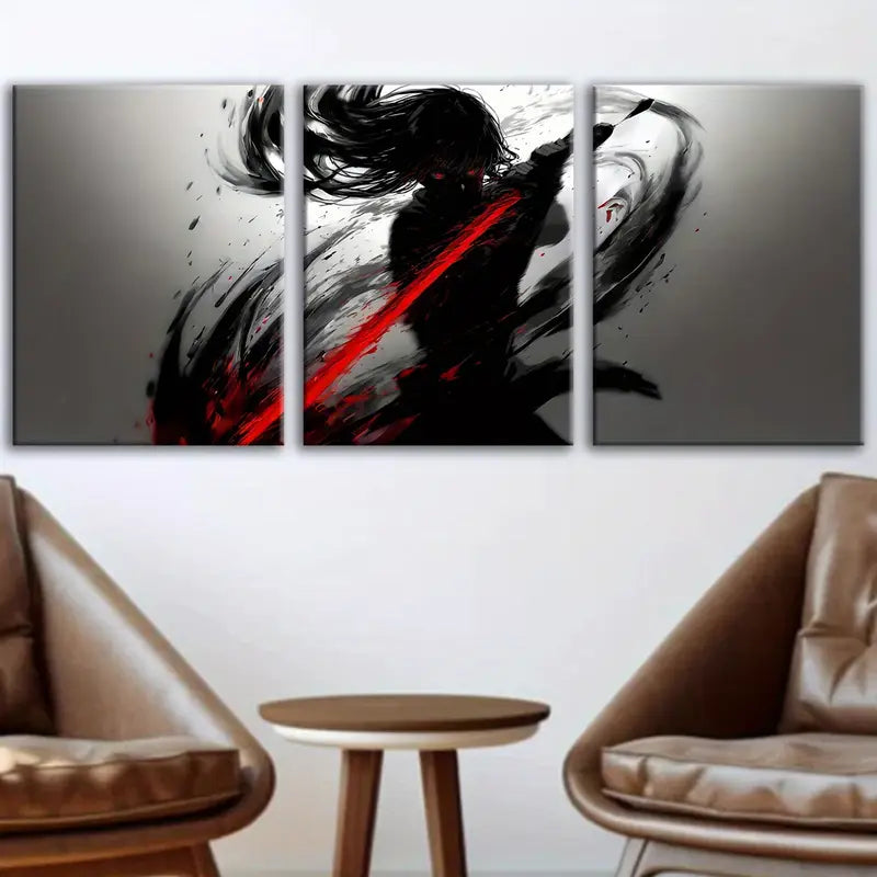 3pcs Abstract Ink Wash Swordsman Poster Wall Art Set Canvas Framed 50x70cm - High Quality Print 100% Australian Made Wall Canvas Ready to Hang