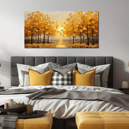 Yellow Leaves Sunset Trees Wall Art canvas office home room framed 120x60cm