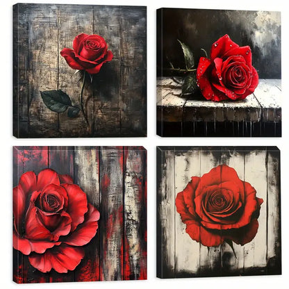 4pcs Red Rose Water Splash  Wall Art Canvas Framed