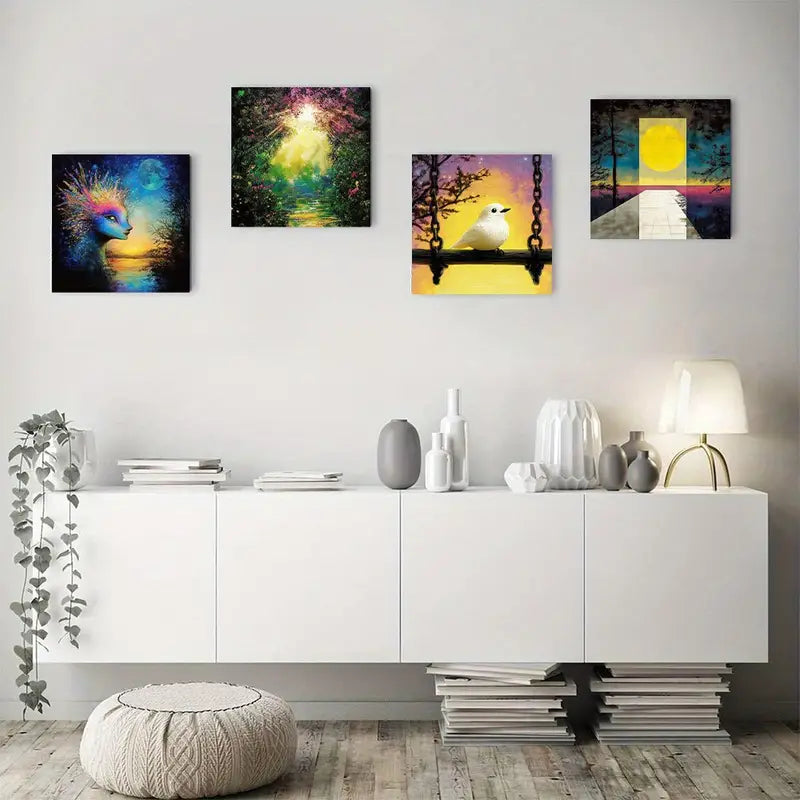 4pcs Vibrant Sunset, Moonlit Night & Serene Gard Wall Art Canvas Framed
