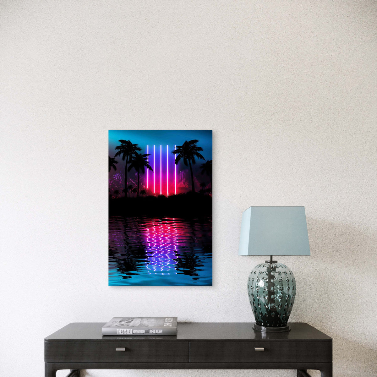 Neon Palm Tree, Tropical Leaves Reflection Metal Print Ready to Hang