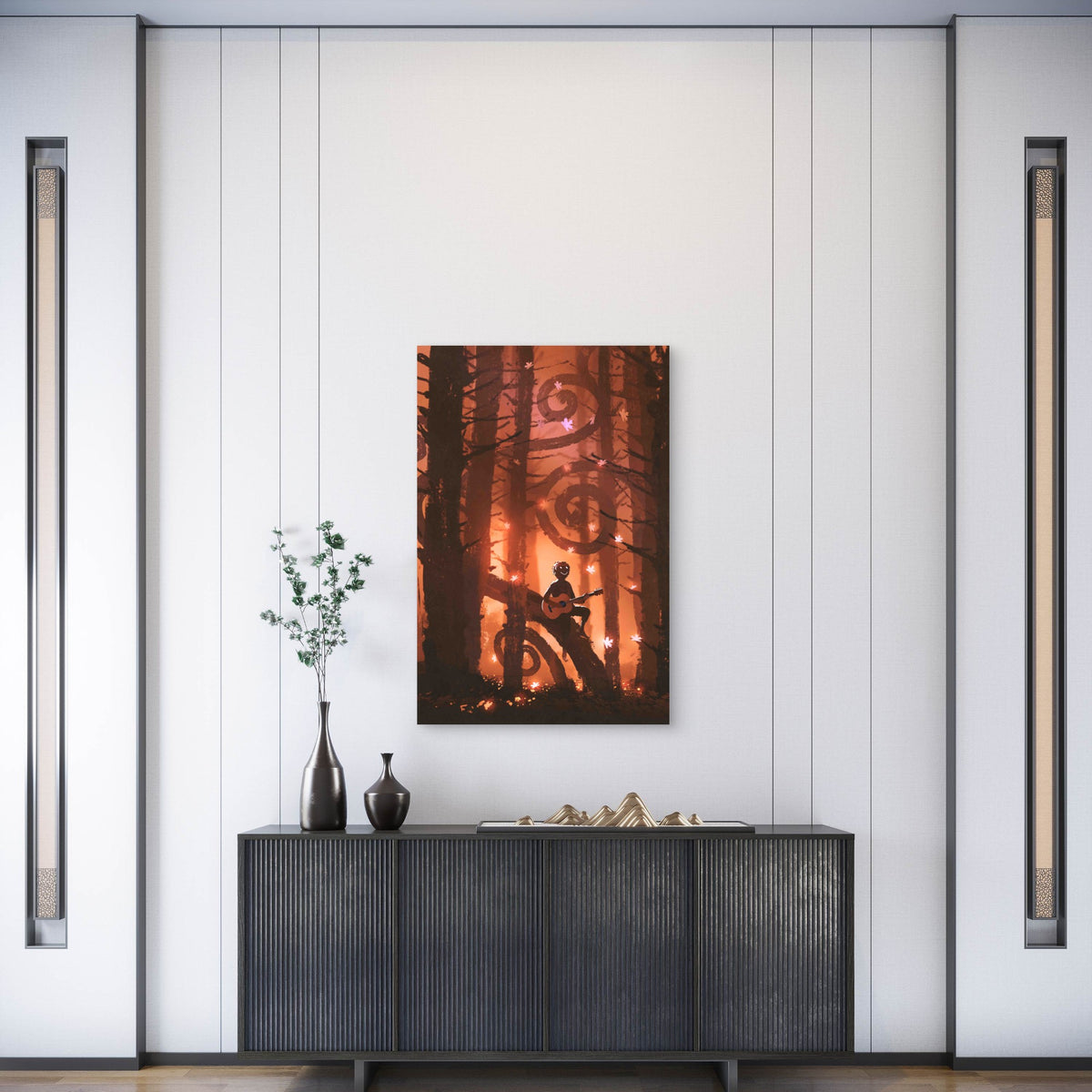 Young Man Playing Guitar in Fantasy Autumn Forest 60x90cm Metal Print Ready to Hang