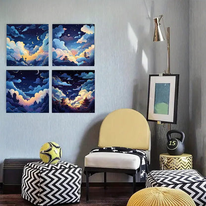 4pcs Blue Clouds & Moonlit Nightscapes  Wall Art Canvas Framed