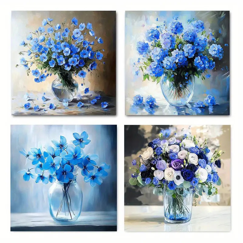 4pcs Elegant Blue & Purple Floral Canvas Wall Art Canvas Framed