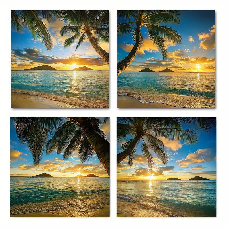 4pcs  Tropical Beach Sunset with Palm  TB Wall Art Canvas Framed