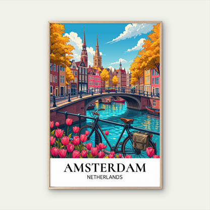 Amsterdam Canal Bicycle And Tulips Netherlands Travel Poster Print Wall Art