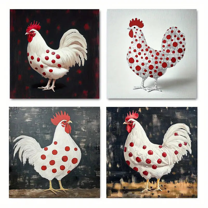 4pcs Rooster Wall Art - Abstract Polka Dot Textu Wall Art Canvas Framed