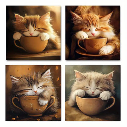 4pcs Vintage Abstract Cat & Coffee  CV  Wall Art Canvas Framed