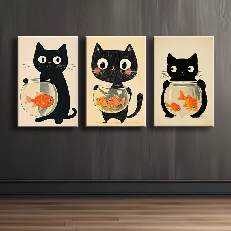 3pcs Black Cat and Fish Tank Illustration Wall Art Set Canvas Framed 40x60cm - High Quality Print 100% Australian Made Wall Canvas Ready to Hang