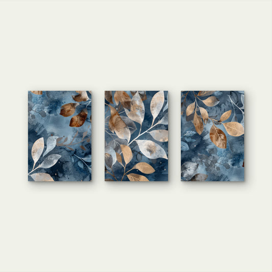 3pcs Navy Blue Botanical Gold Leaf Wall Art Set Canvas Framed 40x60cm - High Quality Print 100% Australian Made Wall Canvas Ready to Hang