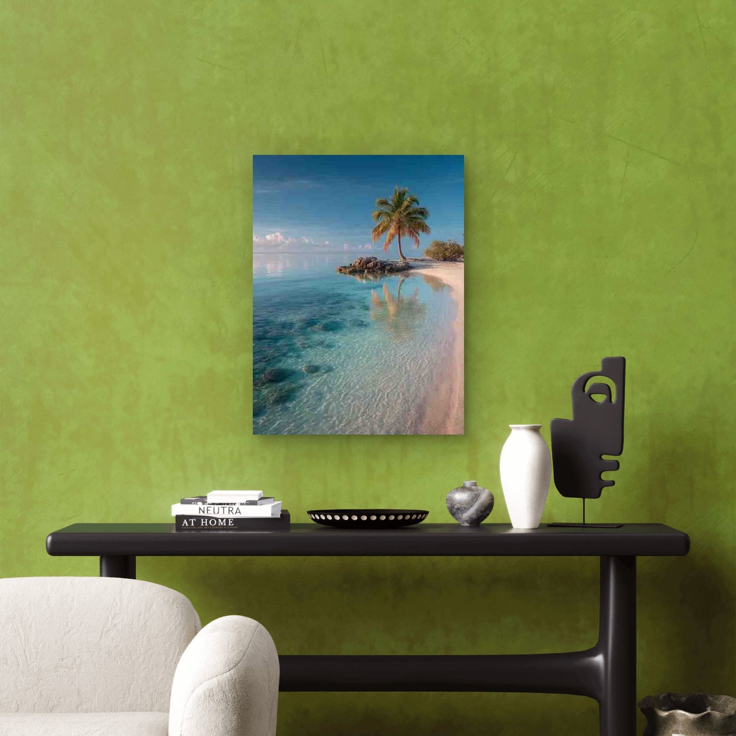 Palm Tree Arching Over a Lagoon 60x90cm Metal Print Ready to Hang