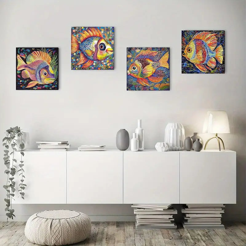 4pcs  Vibrant Abstract Fish Canvas Art Prints Wall Art Canvas Framed
