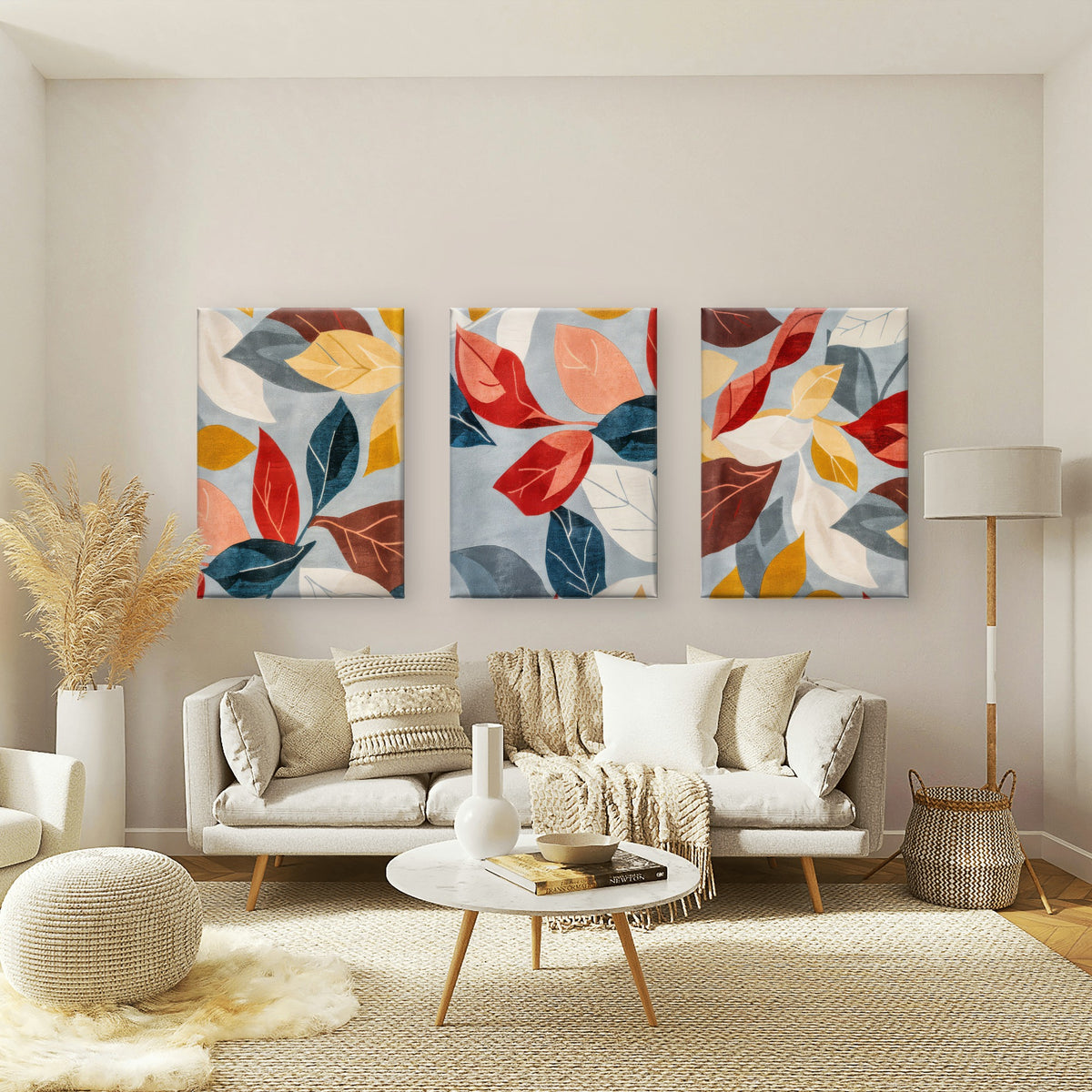 3pcs Modern Terracotta Navy Mustard Leaf Wall Art Set Canvas Framed 60x90cm - High Quality Print 100% Australian Made Wall Canvas Ready to Hang