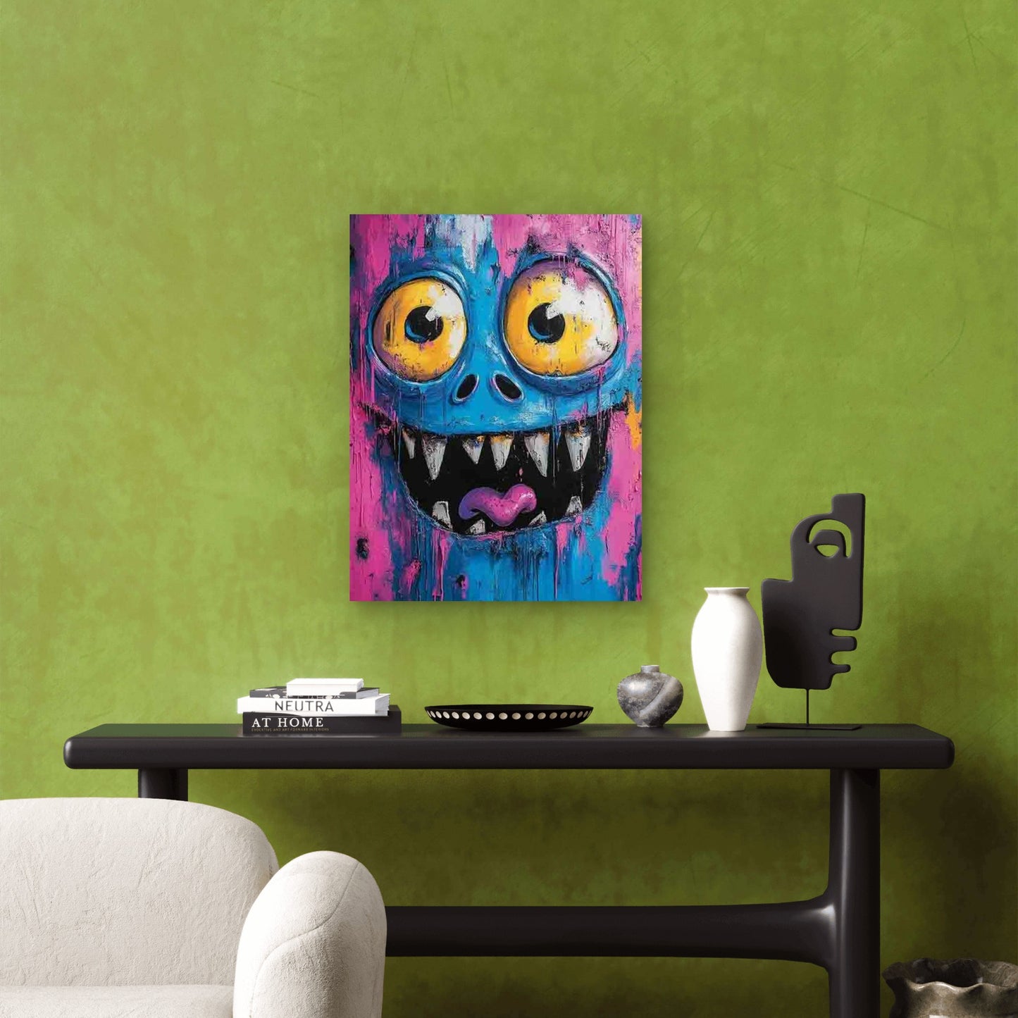 Cartoon Monster Design in Vibrant Blue And Pink Metal Print Ready to Hang