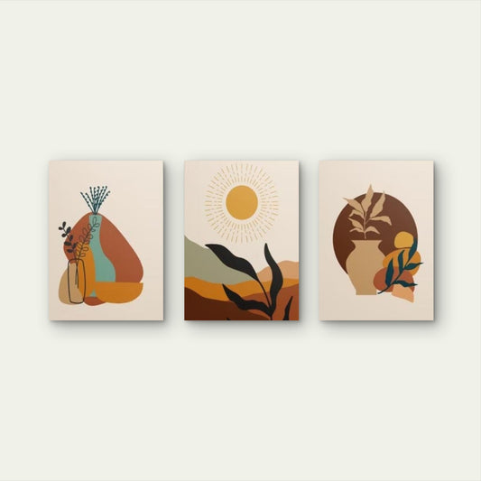 3pcs Modern Terracotta Boho Botanical Sun Wall Art Set Canvas Framed 50x70cm - High Quality Print 100% Australian Made Wall Canvas Ready to Hang