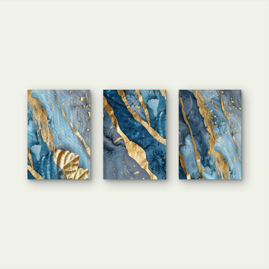 3pcs Modern Ocean Blue Fluid Ink Painting with Gold Leaf Wall Art Set Canvas Framed 60x90cm - High Quality Print 100% Australian Made Wall Canvas Ready to Hang