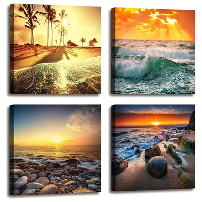 4pcs Seascape Nature Composition of Sea  Wall Art Canvas Framed