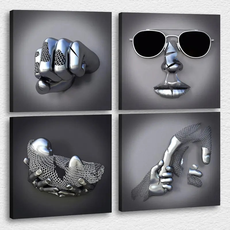4pcs Gray with Silvery Effect, Holding Hands Wall Art Canvas Framed