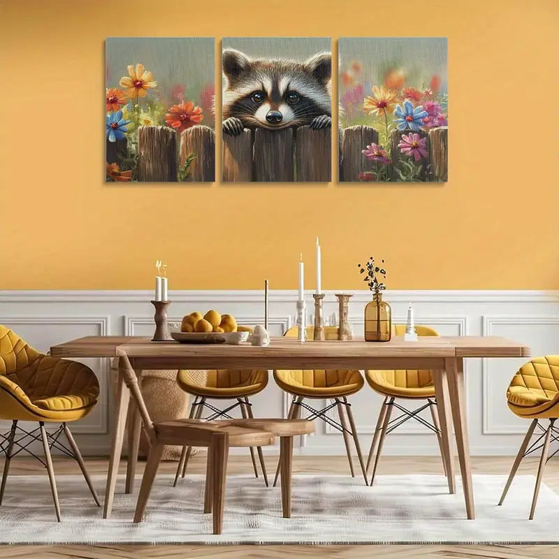 3pcs Colorful Floral with Raccoon Peeking from Fence Metal Print Ready to Hang Art