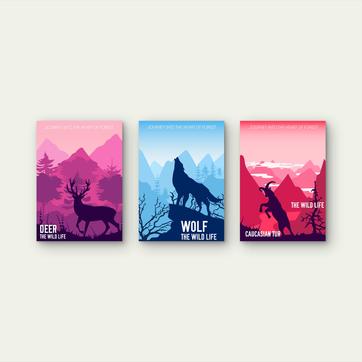 3pcs Deer Wolf Caucasian Tur Wild Animal Wall Art Set Canvas Framed 50x70cm - High Quality Print 100% Australian Made Wall Canvas Ready to Hang