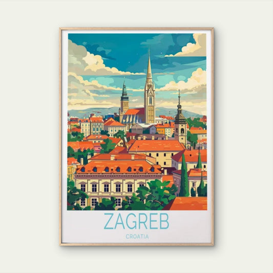 Zagreb Croatia, Buildings & Blue Sky Art Travel Poster Print Wall Art