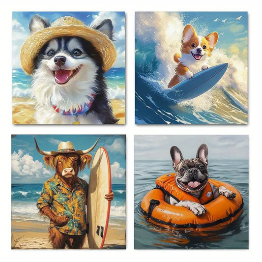 4pcs Beach Funny Smiling Dog Cow   Wall Art Canvas Framed