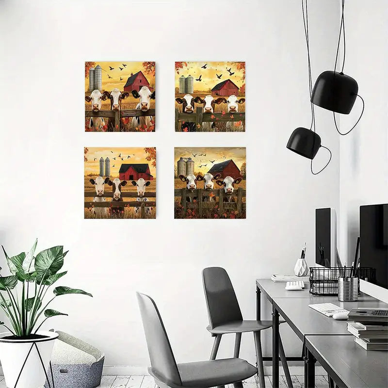 4pcs  Cute Cows Peeking Through CPT  Wall Art Canvas Framed