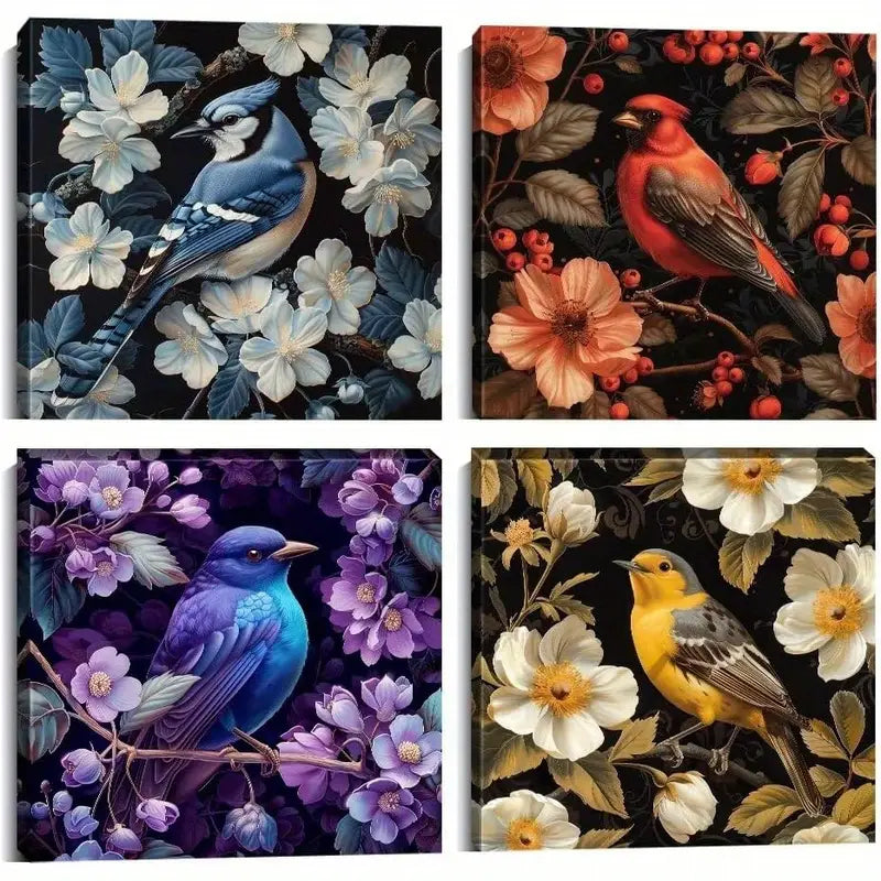 4pcs Bird Wall Art Abstract Floral Branch  Wall Art Canvas Framed