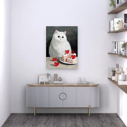 White Cat And Cake And Hearts 60x90cm Metal Print Ready to Hang