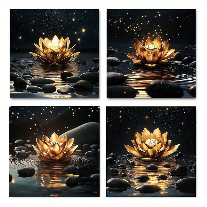 4pcs  Nighttime Lotus Flower Decor    BL Wall Art Canvas Framed