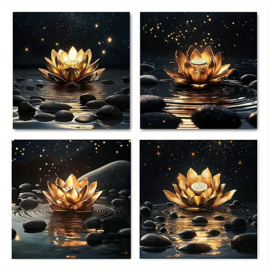 4pcs  Nighttime Lotus Flower Decor    BL Wall Art Canvas Framed
