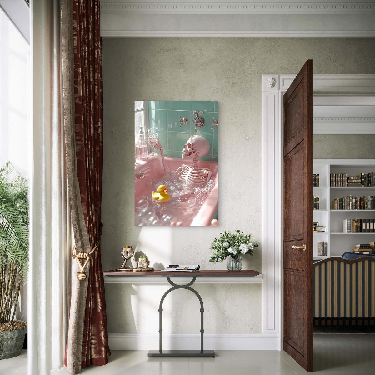 Gothic Vintage Bathtub Skeleton 60x90cm Metal Print Ready to Hang