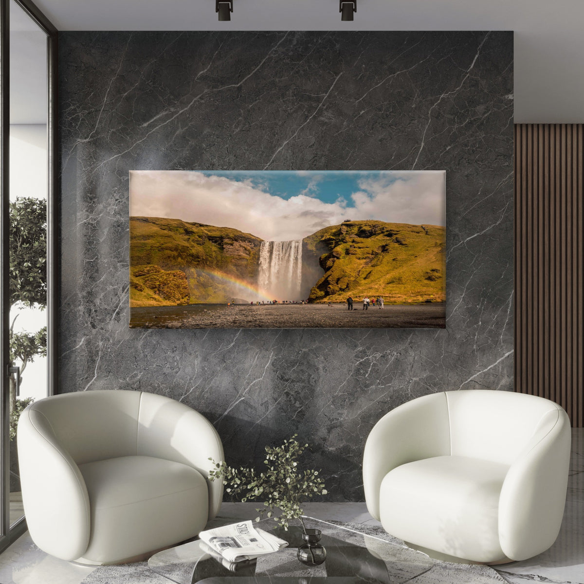 People Standing Near Waterfall Wall Art Canvas Office Home Room Framed 120x60cm