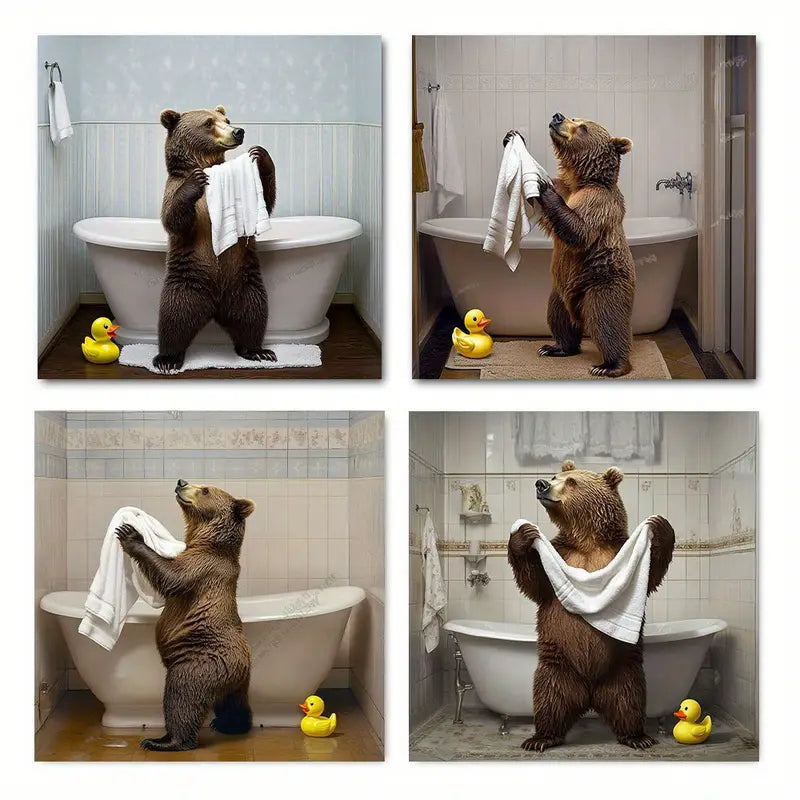 4pcsCharming Brown Bear Drying With Towel Wall Art Canvas Framed
