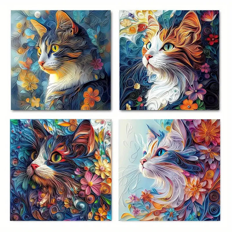 4pcs Whimsical Doodle Cute Kittens CK Wall Art Canvas Framed