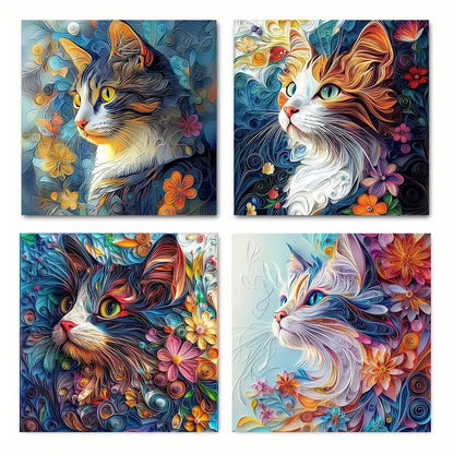 4pcs Whimsical Doodle Cute Kittens CK Wall Art Canvas Framed