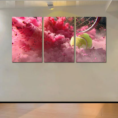 3pcs yellow tennis ball impacting a racket Wall Art Set Canvas Framed 60x90cm - High Quality Print 100% Australian Made Wall Canvas Ready to Hang