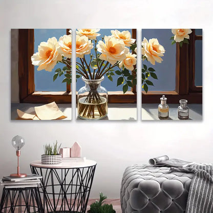 3pcs Floral Vase with White and Peach Roses Wall Art Set Canvas Framed 60x90cm - High Quality Print 100% Australian Made Wall Canvas Ready to Hang