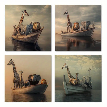4pcs Animals sailing travel Lions elephants hippos giraffes Wall Art Canvas Framed