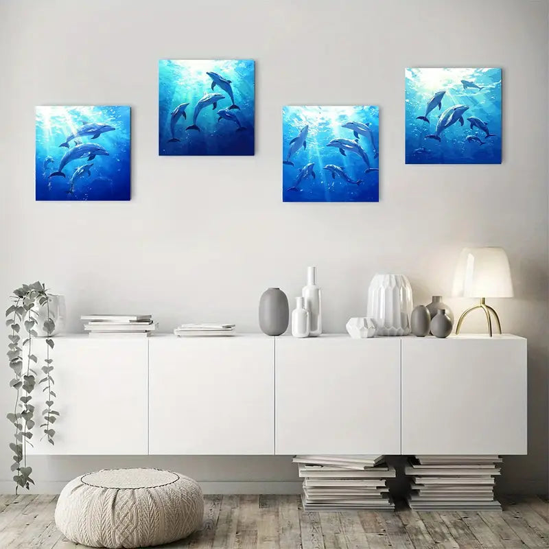 4pcs Underwater Dolphin Swimming Wall Art Canvas Framed